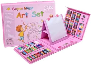208-Piece Drawing & Art Supplies Kit for Kids, Girls & Boys – Complete Art Set with Double-Sided Trifold Easel, Watercolor Pens, Oil Pastels, Crayons & Colored Pencils, Craft Carrying Case, Pink