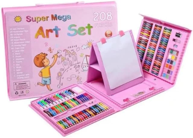 208-Piece Drawing & Art Supplies Kit for Kids, Girls & Boys – Complete Art Set with Double-Sided Trifold Easel, Watercolor Pens, Oil Pastels, Crayons & Colored Pencils, Craft Carrying Case, Pink
