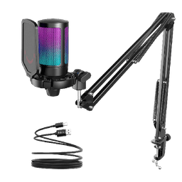 FIFINE USB USB Gaming Microphone Kit, RGB Condenser Microphones Set For PC PS4 PS5 With Mute Button  A6T Black