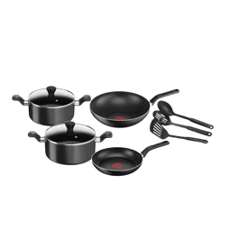 TEFAL 9-Piece Aluminum Super Cook Non-Stick Cookware  1 Slotted Spoon & B459S984 Frypan Black