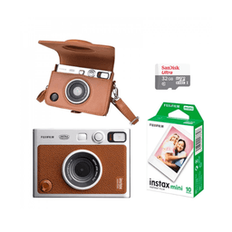 Fujifilm Instax Mini EVO Brown Hybrid Instant Camera Bundle with 10 Film Sheets 32GB microSD and Carry Case