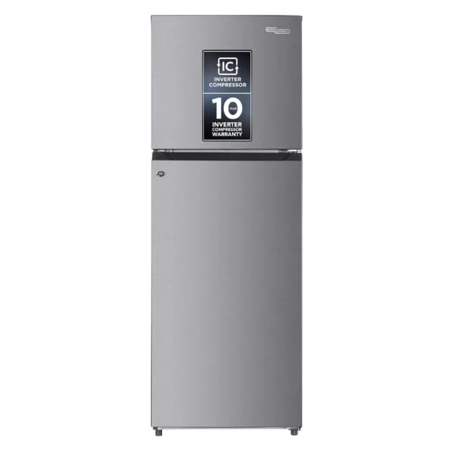 Super General 410L Double Door Refrigerator 334L Net Capacity No Frost Multi-Airflow Inverter Compressor Glass Shelves Chiller Zone Twist Ice Maker Silver Inox SGR415IE