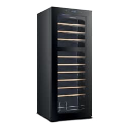 KENWOOD 55-Bottle Freestanding Beverage Cooler Compressor Cooling Dual Temperature Zone Blue LED Double Glass Door Wooden Shelves Black BCW55