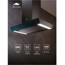 MILLEN 90cm Island Hood BLDC Quiet Motor 1050m³/h Suction Power 4 Speed Settings Touch Control Remote Control Tempered Glass Finish Aluminium Grease Filter 2x4.5W LED 145W Black MKIH 910 BB