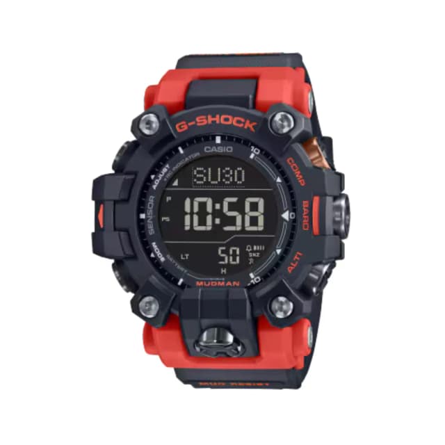 Casio G-Shock Mudman Men's Digital Watch Black Red Bio-Based Resin Band Triple Sensor Tough Solar Radio Controlled 200M Water Resistance GW-9500-1A4