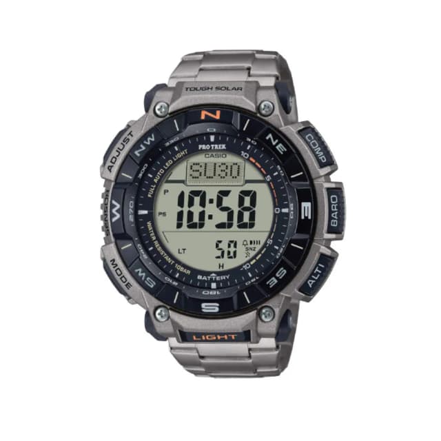 Casio Pro Trek Men's Digital Solar Watch Grey Titanium Band Triple Sensor Compass Altimeter Barometer Thermometer Super Illuminator 100M Water Resistance PRG-340T-7DR