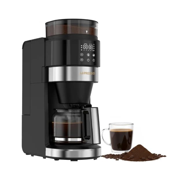 LePresso Coffee Brewer with Bean Grinder Customizable Brew Strength 150g Bean Capacity 1.35L Water Tank Control Burr Grinder Digital Control Panel 900W Black LPCFFM0043
