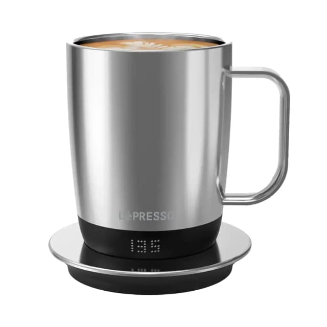 LePresso Aurelio Ceramic Mug with Temperature Control Base 300ml 3200mAh Battery IPX7 Waterproof Type-C Charging Silver LPCFFACM0062SL