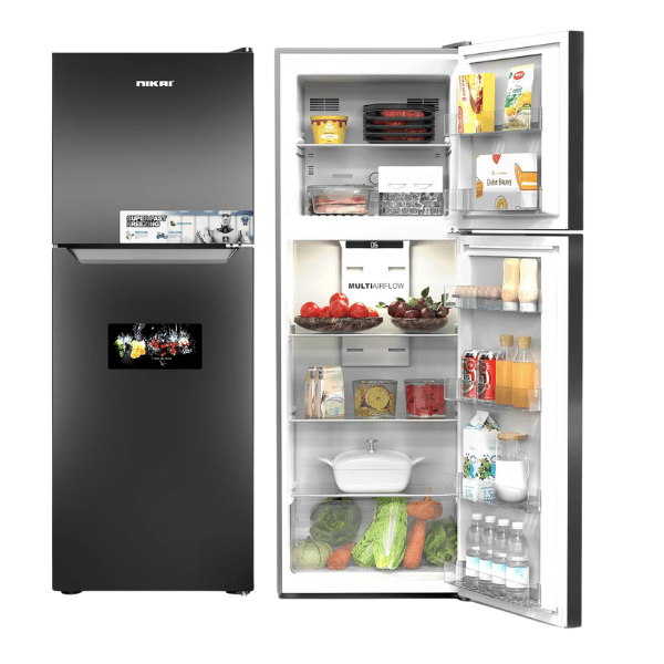 NIKAI 410L Gross/ 243L Net, No-Frost Double Door Refrigerator with Vegetable Crisper & Adjustable Glass Shelves, Temperature Control, Lock And Key, CFC Free, Silent Operation, Energy Saving R600A, Best For Home, Office & Hotels 410 L NRF410FSS9 Grey