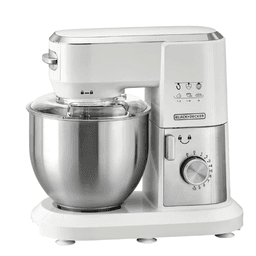 BLACK+DECKER Stand Mixer, Stainless Steel Bowl, 10 Speeds + Pulse, Planetary Action, Dough Hook, Beater, Whisk Attachments, Tilt Head, for Baking and Kneading, 6 L 1000 W MKM100-B5 White