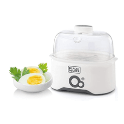 BLACK+DECKER 280w 6 piece egg cooker with cooking rack and 2 poaching pan dry boil auto shutoff protection transparent cover white body, for perfect eggs eg200-b