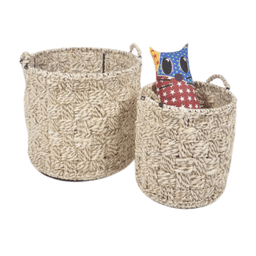 Qalara Checkered woven jute & iron nesting basket -set of 2